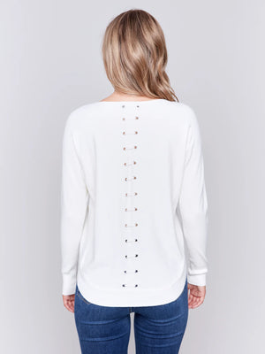 Charlie B Fall/Winter 2025-C2170Z-464A-Sweater W/BackLace Up Detail-Ecru - The Coach Pyramids