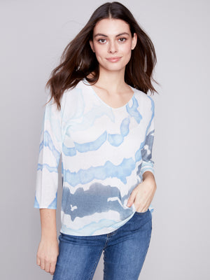 Charlie B Spring/Summer 2024-C2219-831A-Printed Sweater-Indigo - The Coach Pyramids