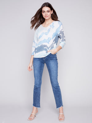 Charlie B Spring/Summer 2024-C2219-831A-Printed Sweater-Indigo - The Coach Pyramids