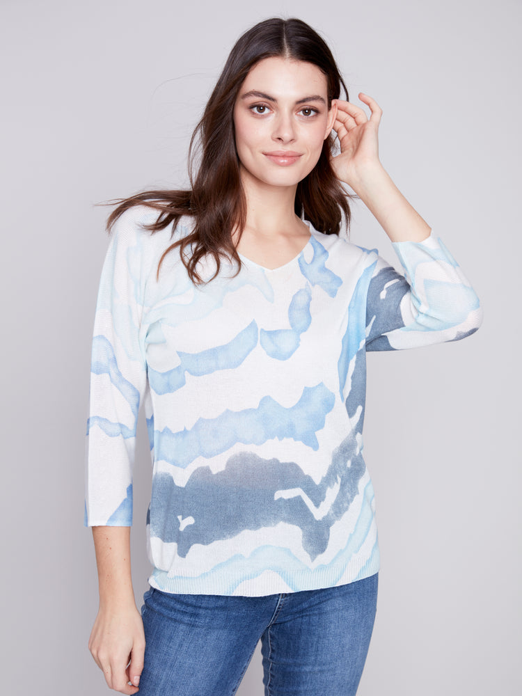 Charlie B Spring/Summer 2024-C2219-831A-Printed Sweater-Indigo - The Coach Pyramids