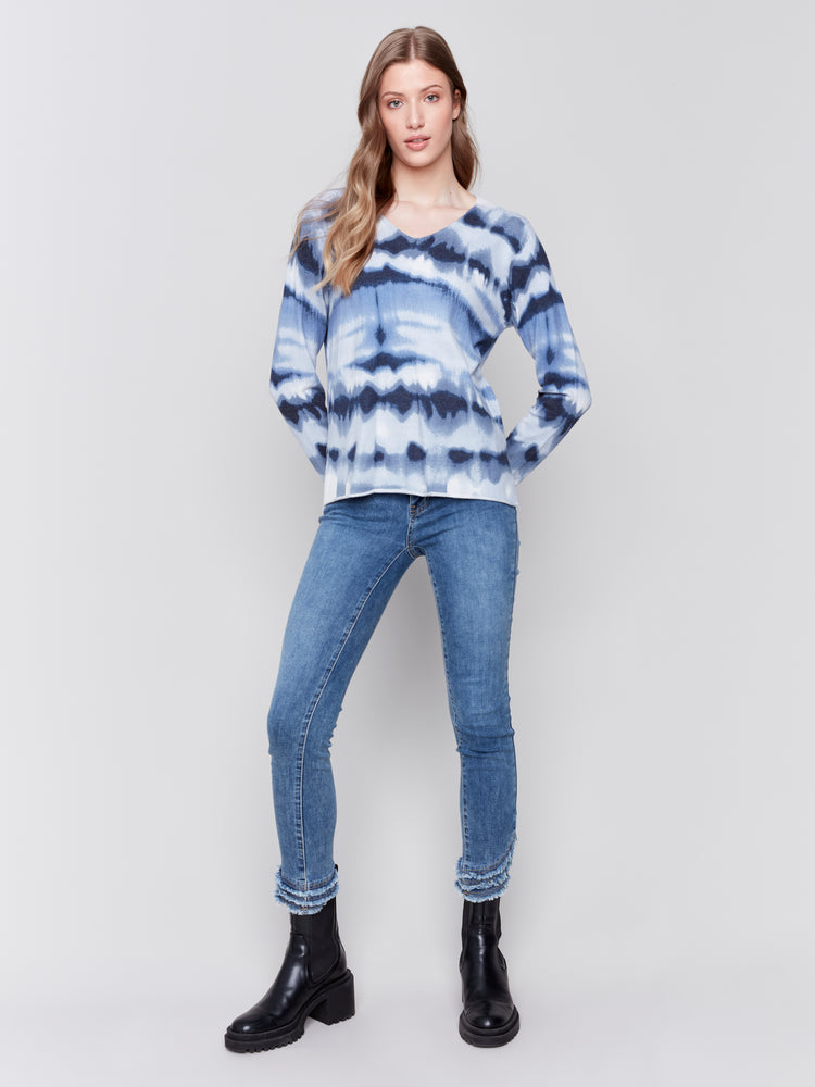 Charlie B Fall 2024-C2279ZP-P117-Printed Basic  Sweater-Navy