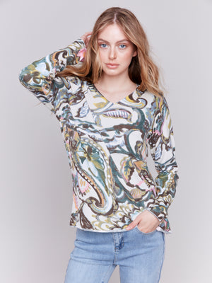 Charlie B Fall 2024-C2279ZP-P339-Printed Basic Sweater-Peacock