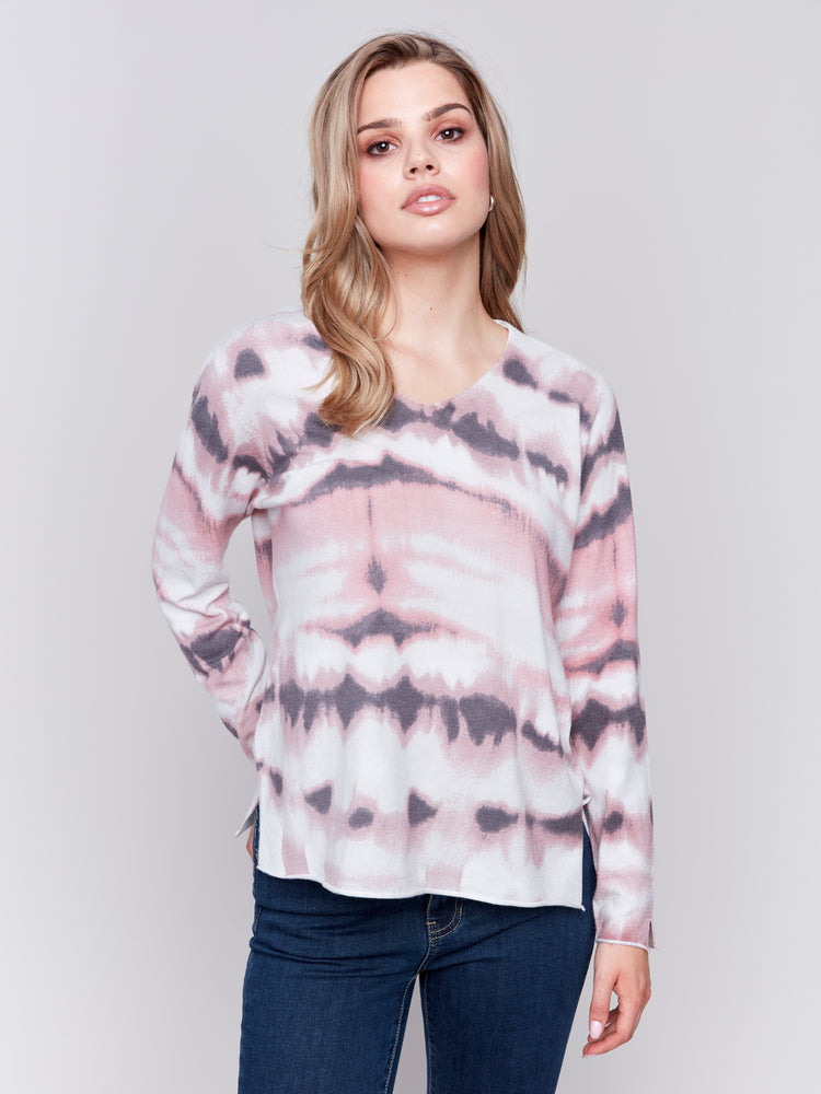 Charlie B Fall 2024-C2279ZP-P407-Printed Basic  Sweater-Wood Rose