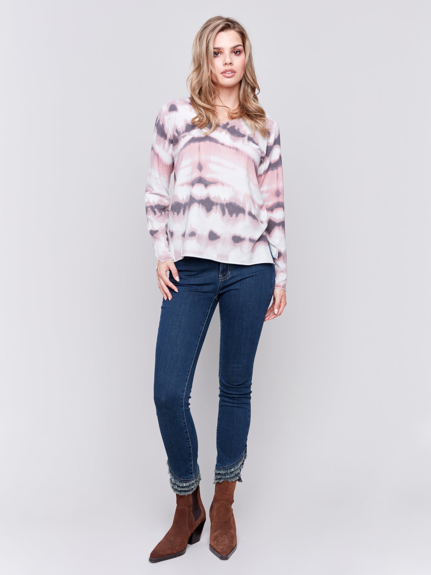 Charlie B Fall 2024-C2279ZP-P407-Printed Basic  Sweater-Wood Rose - The Coach Pyramids