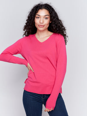 Charlie B Fall 2024-C2279Z-017-Solid Basic Sweater-Magenta