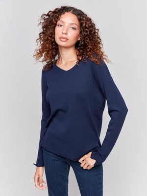 Charlie B Fall 2024-C2279Z-117-Solid Basic Sweater-Navy