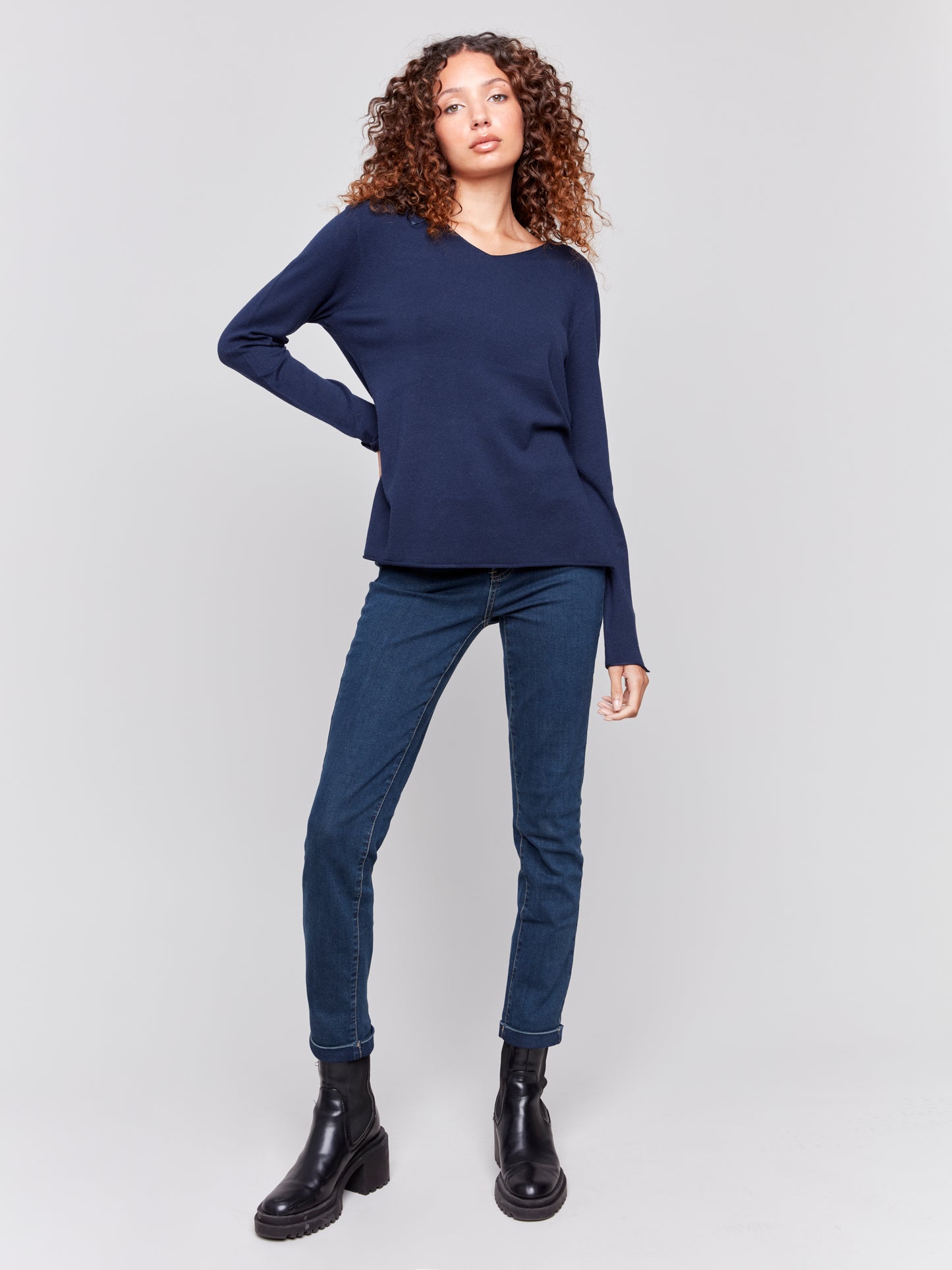 Charlie B Fall 2024-C2279Z-117-Solid Basic Sweater-Navy - The Coach Pyramids