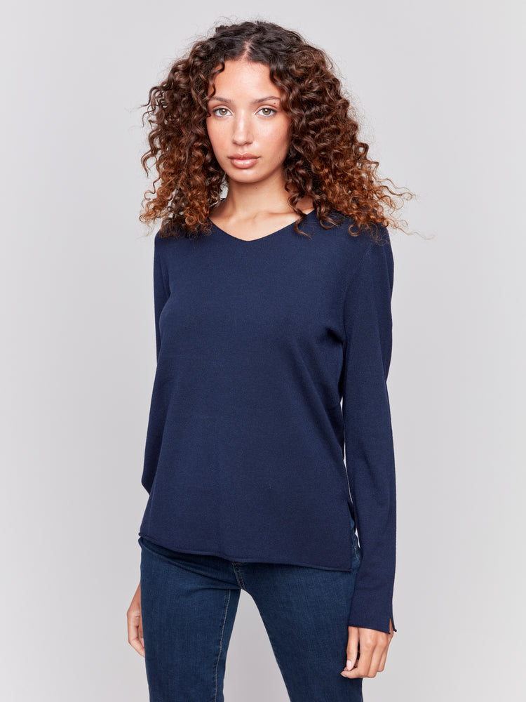 Charlie B Fall 2024-C2279Z-117-Solid Basic Sweater-Navy