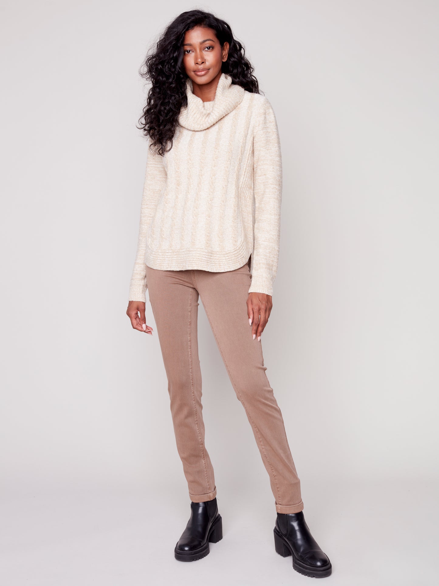 Charlie B Fall 2023-C2316-664B-Two Tone Sweater -Almond - The Coach Pyramids