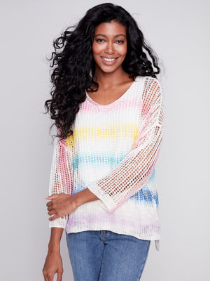 Charlie B Spring/Summer 2024-C2326PX-029B-V Neck Crotchet Top -Rainbow - The Coach Pyramids