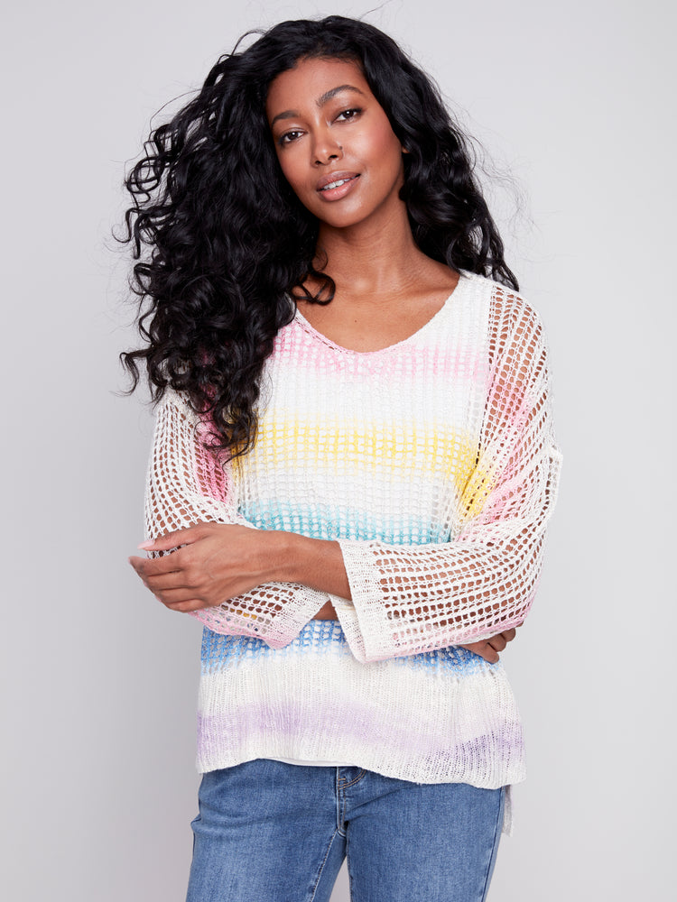 Charlie B Spring/Summer 2024-C2326PX-029B-V Neck Crotchet Top -Rainbow - The Coach Pyramids