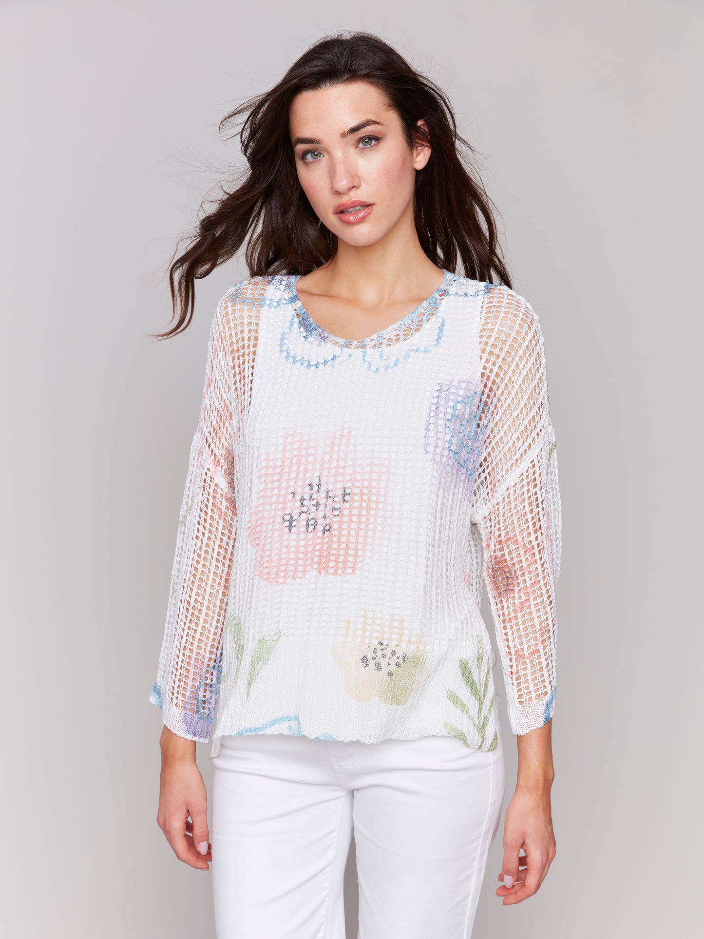 Charlie B Spring/Summer 2025-C2326PY-029B-Printed Fishnet Crochet Sweater-Watercolor - The Coach Pyramids