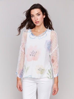 Charlie B Spring/Summer 2025-C2326PY-029B-Printed Fishnet Crochet Sweater-Watercolor