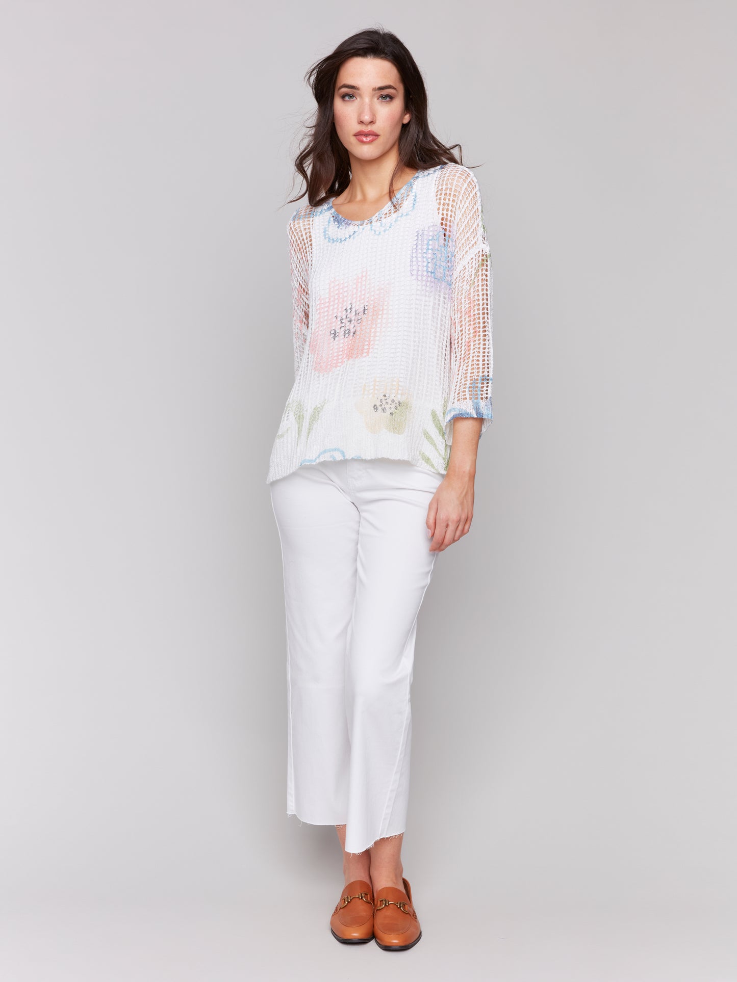 Charlie B Spring/Summer 2025-C2326PY-029B-Printed Fishnet Crochet Sweater-Watercolor - The Coach Pyramids
