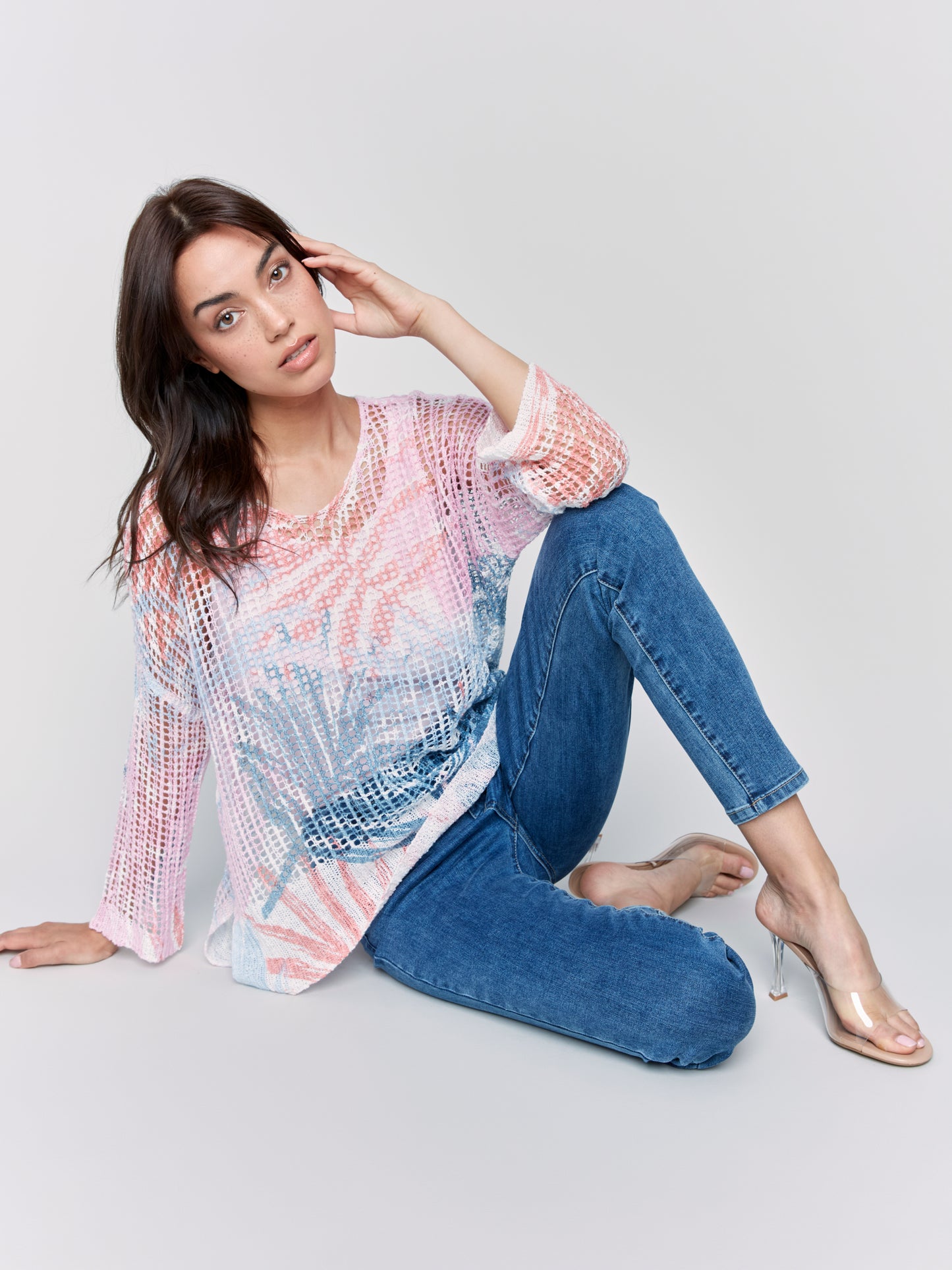 Charlie B Spring/Summer 2025-C2326PY-P316-3/4 Sleeve V Neck Printed Fishnet Sweater-Tropical - The Coach Pyramids