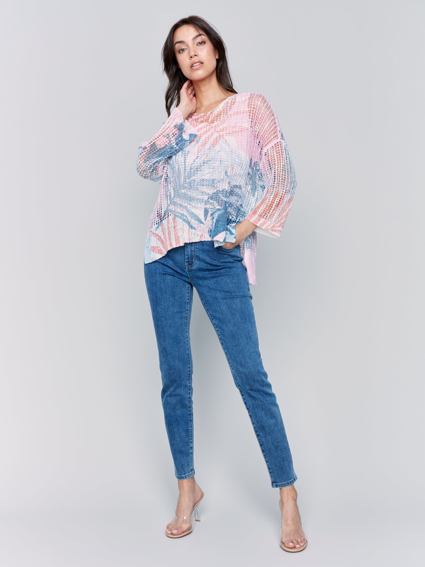 Charlie B Spring/Summer 2025-C2326PY-P316-3/4 Sleeve V Neck Printed Fishnet Sweater-Tropical - The Coach Pyramids