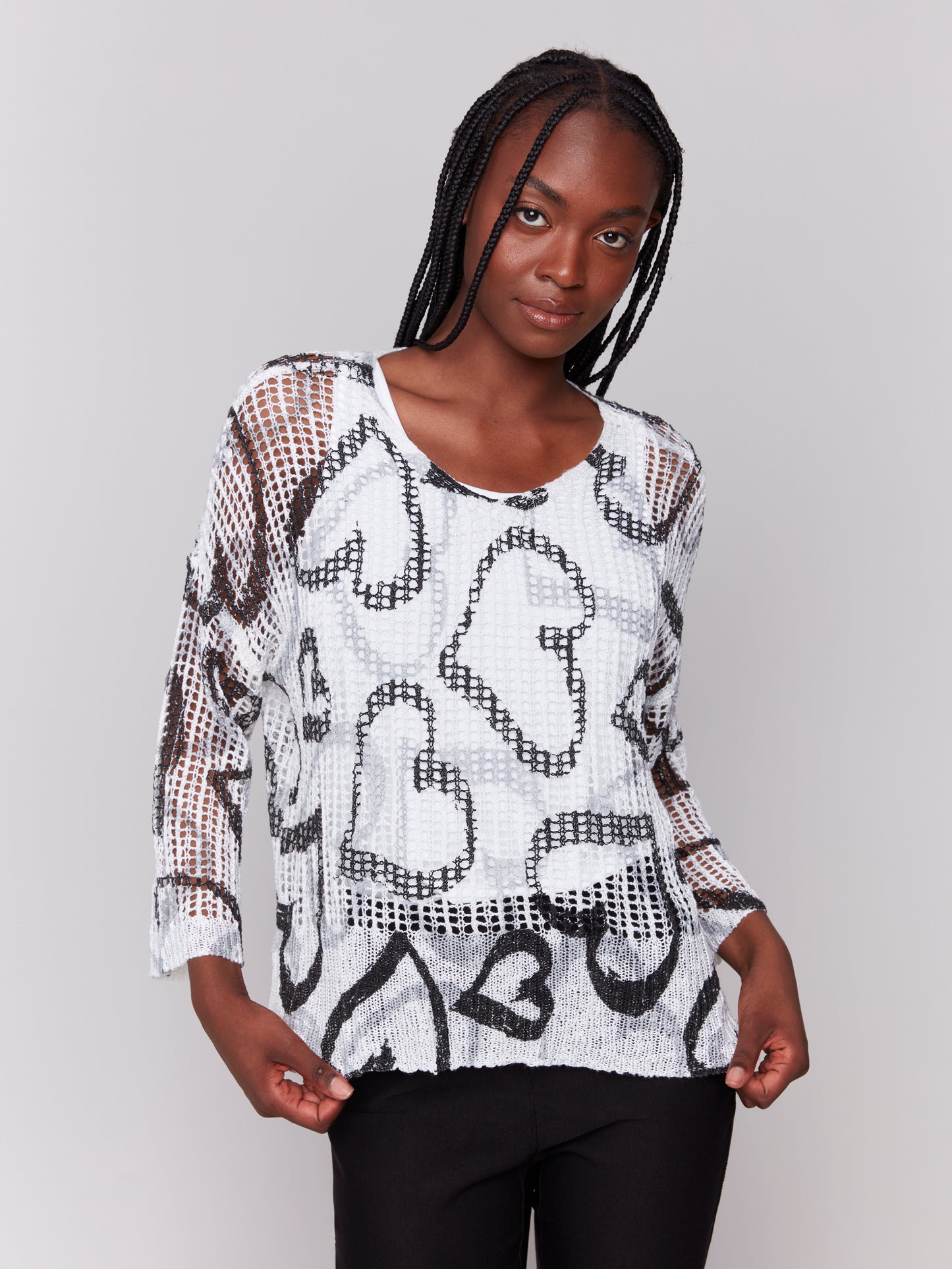 Charlie B Spring/Summer 2025-C2326PY-P461-3/4 Sleeve V Neck Printed Fishnet Sweater-Hearts - The Coach Pyramids
