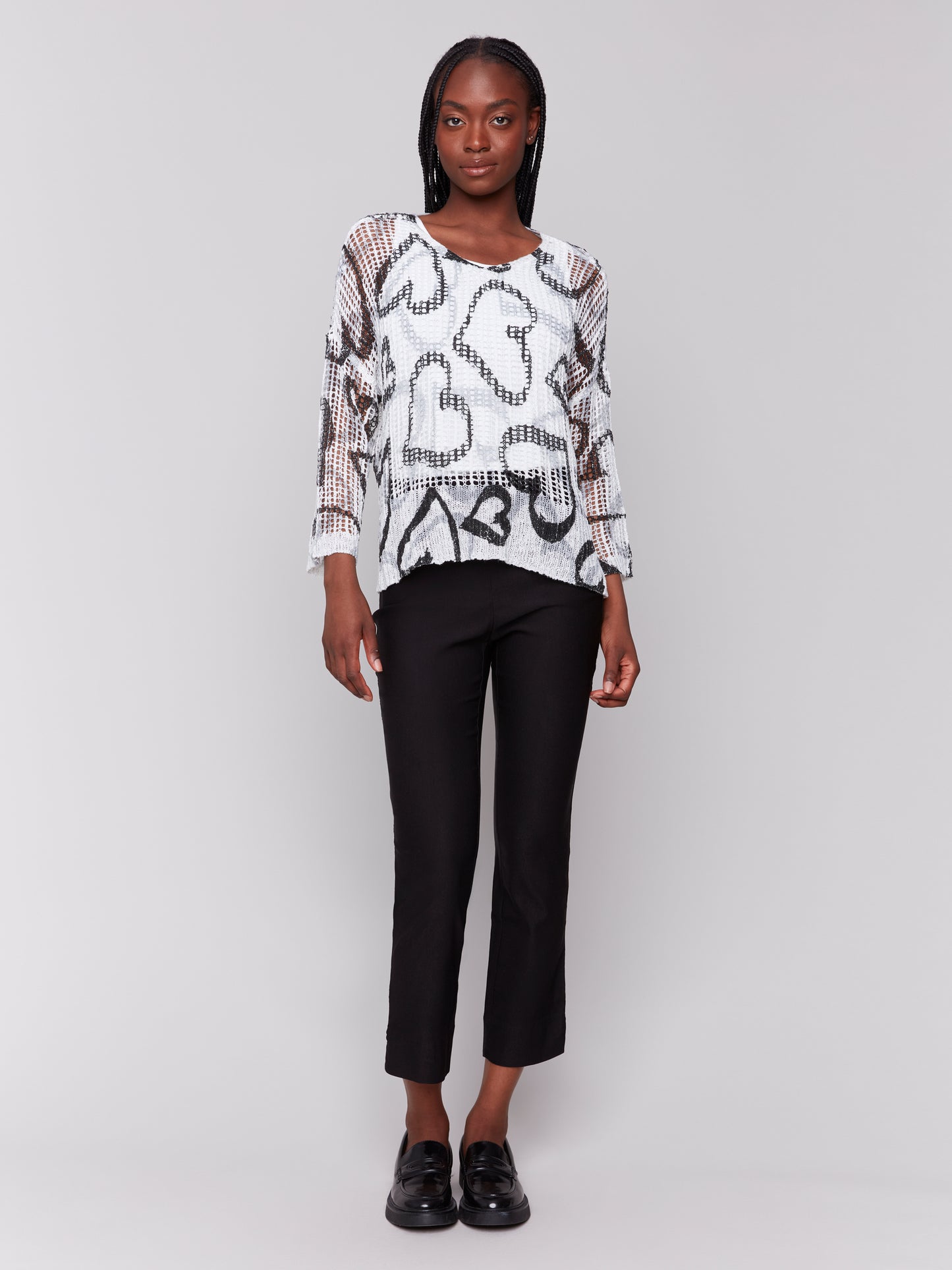 Charlie B Spring/Summer 2025-C2326PY-P461-3/4 Sleeve V Neck Printed Fishnet Sweater-Hearts - The Coach Pyramids