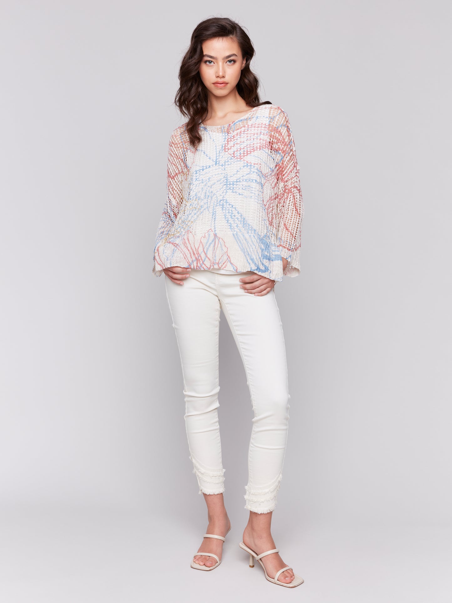 Charlie B Spring/Summer 2025-C2326PY-P856-3/4 Sleeve V Neck Printed Fishnet Sweater-Corolla - The Coach Pyramids