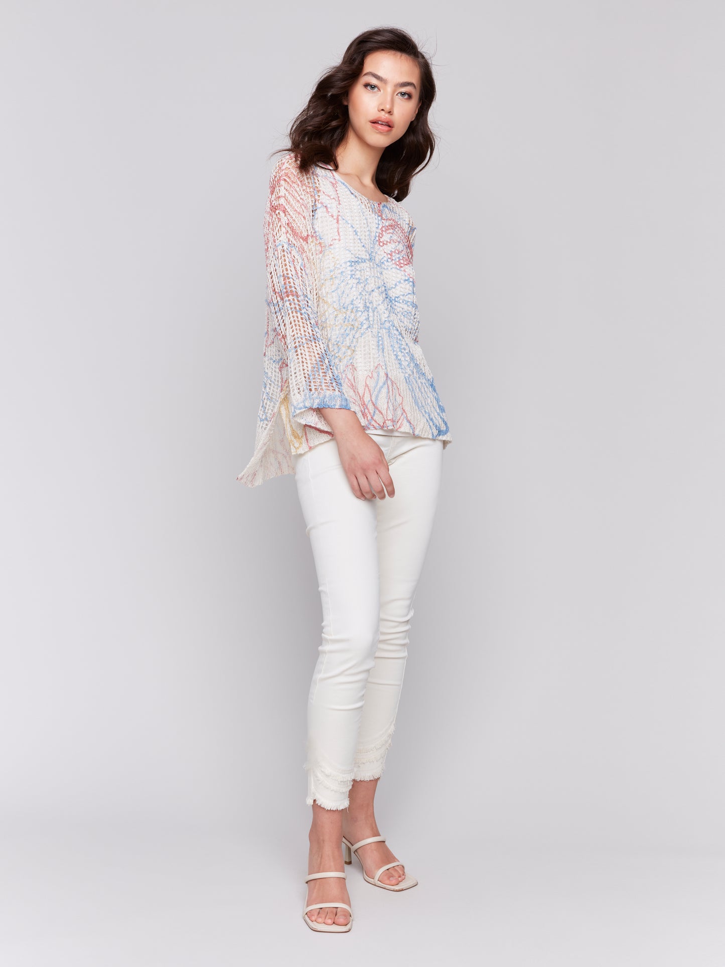 Charlie B Spring/Summer 2025-C2326PY-P856-3/4 Sleeve V Neck Printed Fishnet Sweater-Corolla - The Coach Pyramids