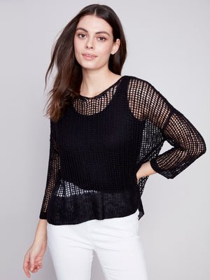 Charlie B Spring/Summer 2024-C2326X-029B-V Neck Fishnet Top-Black - The Coach Pyramids