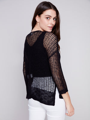 Charlie B Spring/Summer 2024-C2326X-029B-V Neck Fishnet Top-Black - The Coach Pyramids