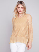 Charlie B Spring/Summer 2024-C2326X-029B-V Neck Fishnet Top-Gold - The Coach Pyramids