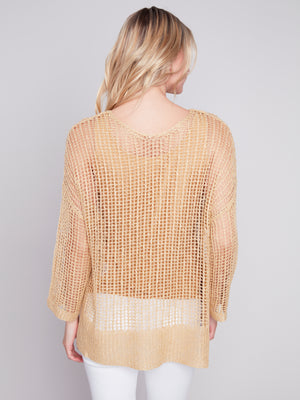 Charlie B Spring/Summer 2024-C2326X-029B-V Neck Fishnet Top-Gold - The Coach Pyramids