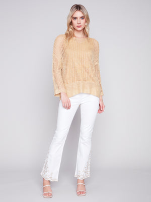 Charlie B Spring/Summer 2024-C2326X-029B-V Neck Fishnet Top-Gold - The Coach Pyramids