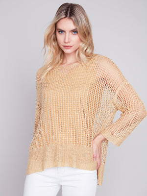 Charlie B Spring/Summer 2024-C2326X-029B-V Neck Fishnet Top-Gold - The Coach Pyramids