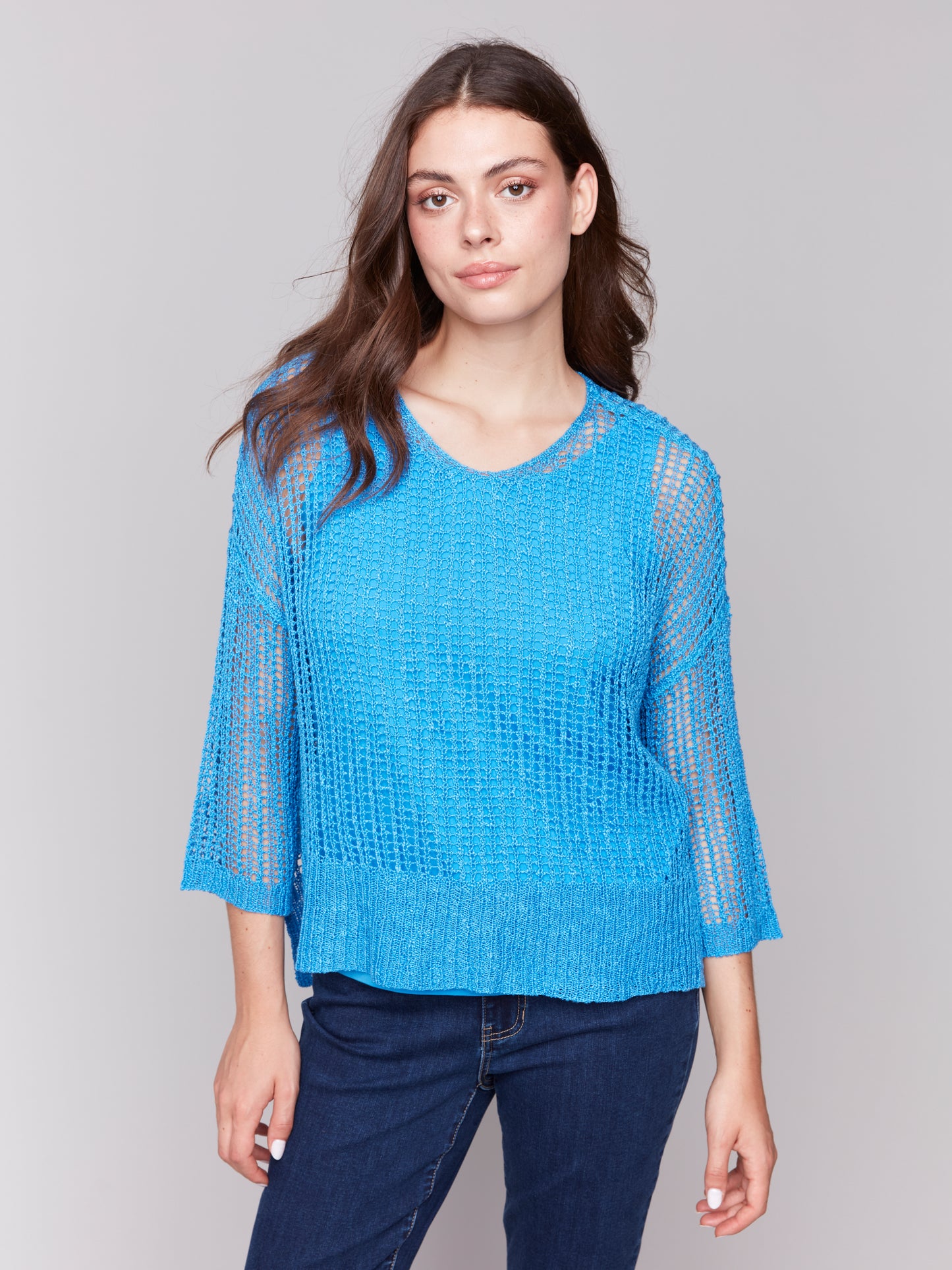 Charlie B Spring/Summer 2025-C2326Y-057-3/4 Sleeve V Neck Fishnet Sweater-Lagoon - The Coach Pyramids