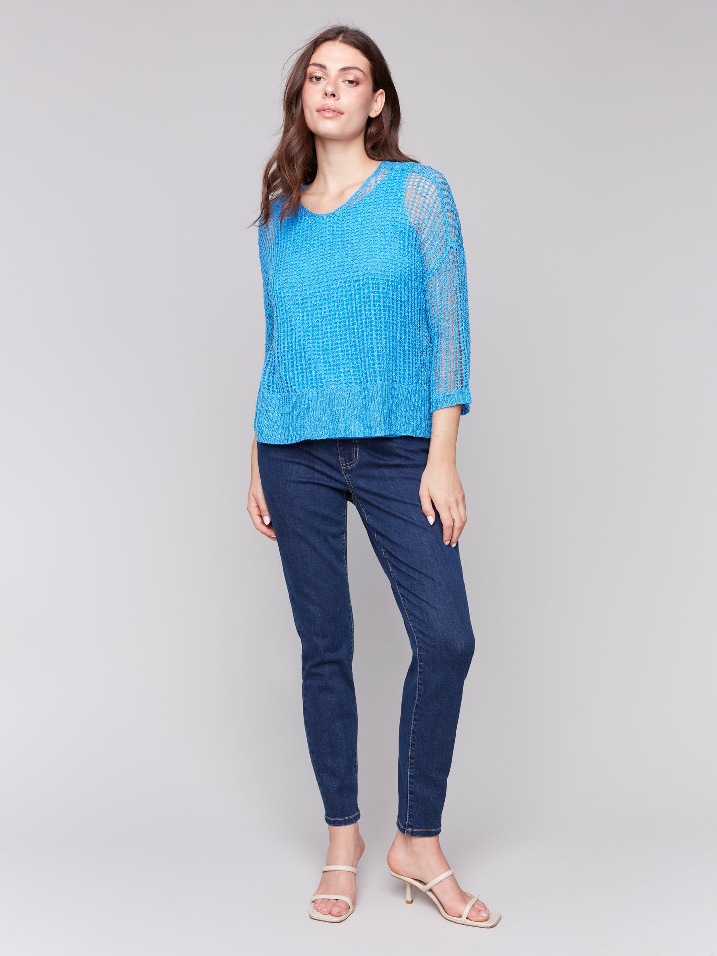 Charlie B Spring/Summer 2025-C2326Y-057-3/4 Sleeve V Neck Fishnet Sweater-Lagoon - The Coach Pyramids