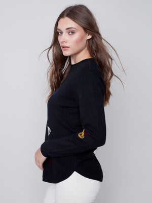 Charlie B Fall 2023-C2373PR-736A-Embroidered Sweater-Black - The Coach Pyramids