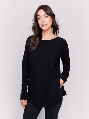 Charlie B Fall 2024-C2380W-001-Cuff Lace Up Detail Sweater W/Rounded Hem-Black