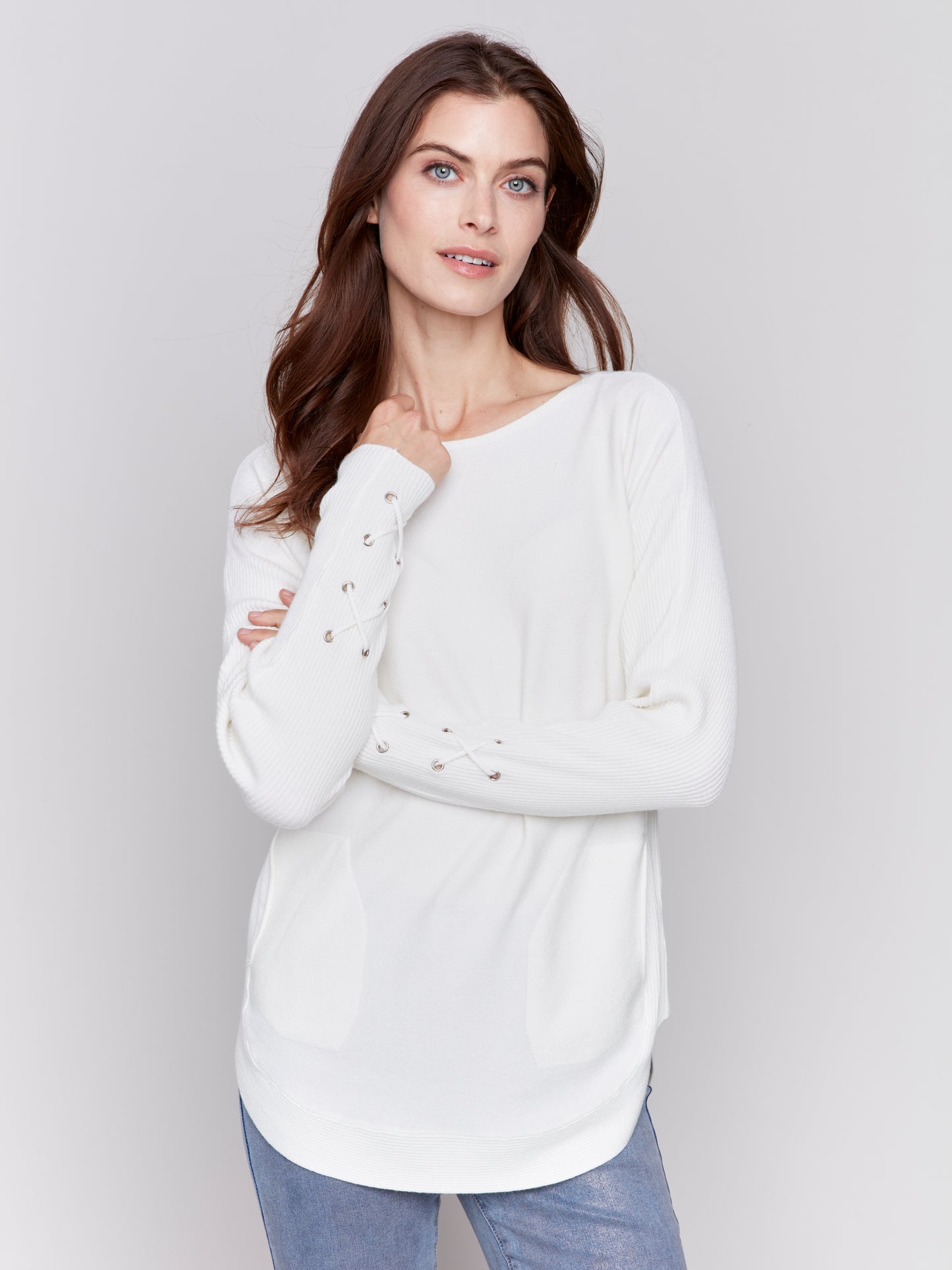 Charlie B Fall 2024-C2380W-089-Cuff Lace Up Detail Sweater W/Rounded Hem-Squash - The Coach Pyramids