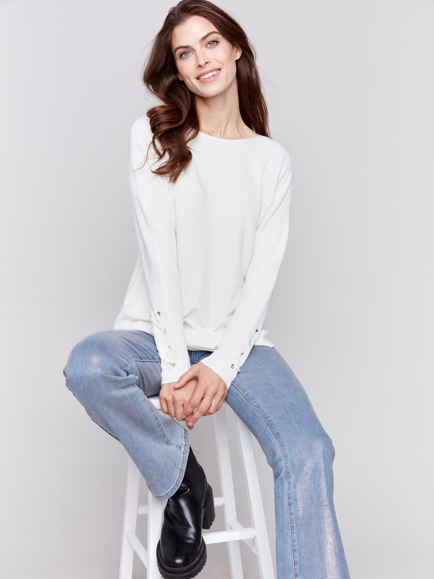 Charlie B Fall 2024-C2380W-276-Cuff Lace Up Detail Sweater-Ecru - The Coach Pyramids