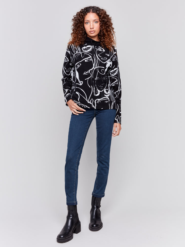 Charlie B Fall 2024-C2419WP-P673-Printed Cotton Funnel Neck Sweater-Faces