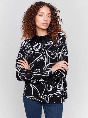 Charlie B Fall 2024-C2419WP-P673-Printed Cotton Funnel Neck Sweater-Faces