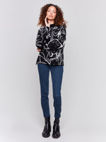 Charlie B Fall 2024-C2419WP-P673-Printed Cotton Funnel Neck Sweater-Faces