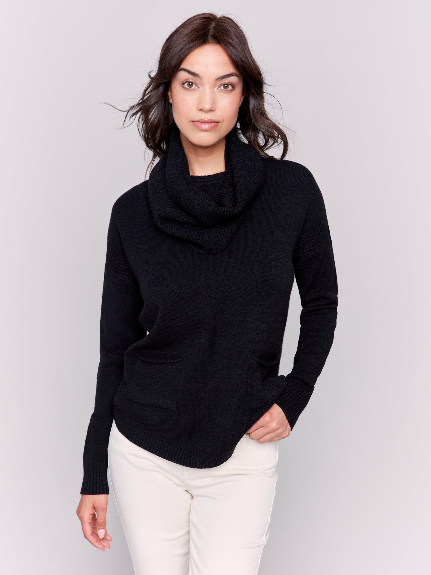 Charlie B Fall 2024-C2420RR-001-Sweater W/Removable Scarf-Black - The Coach Pyramids