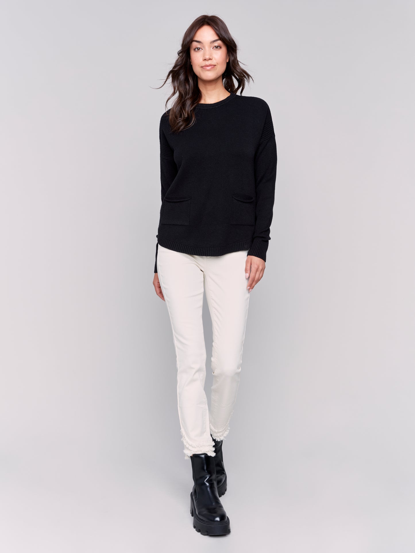 Charlie B Fall 2024-C2420RR-001-Sweater W/Removable Scarf-Black - The Coach Pyramids