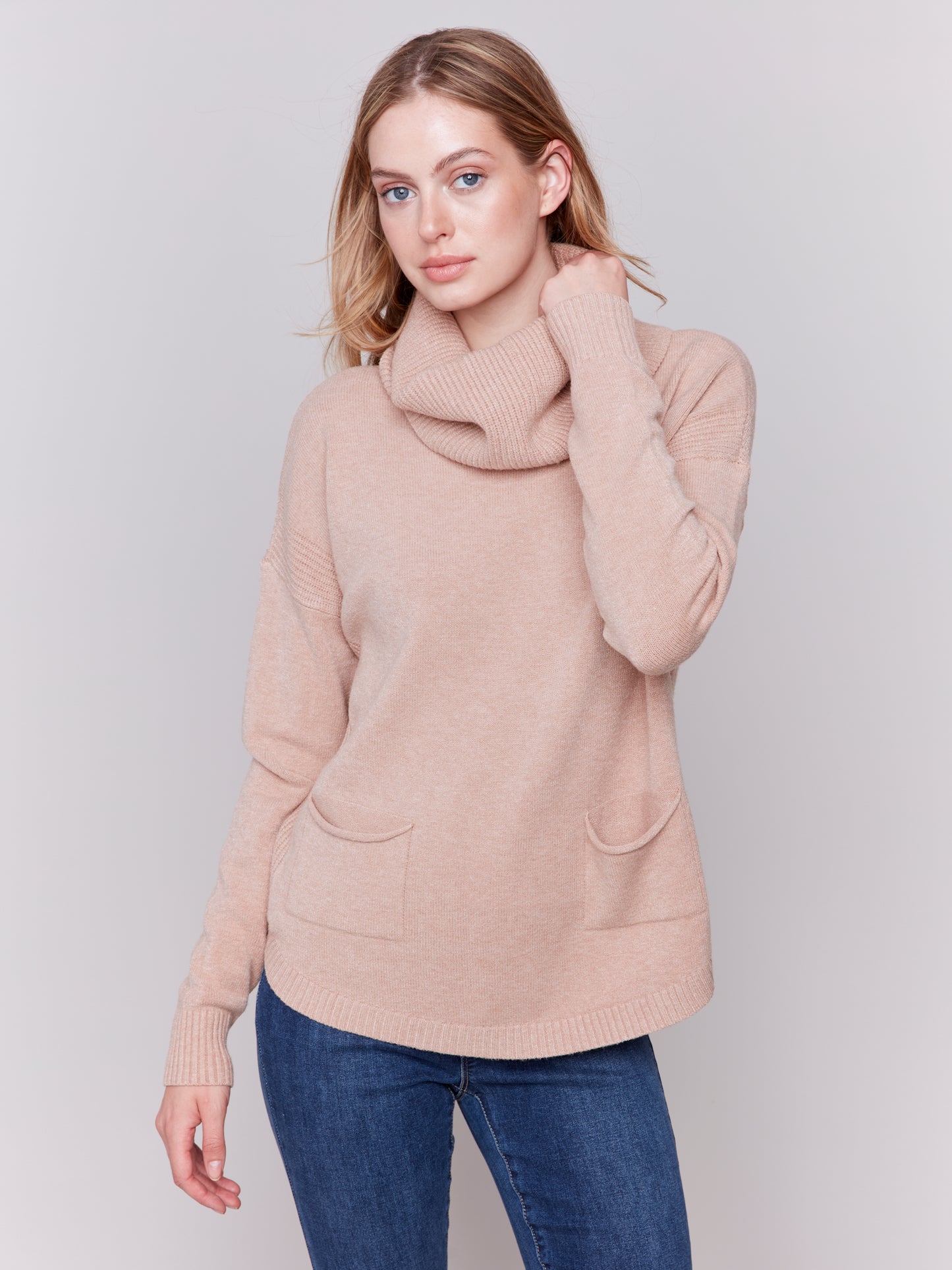 Charlie B Fall 2024-C2420RR-511-Sweater W/Removable Scarf-Truffle - The Coach Pyramids