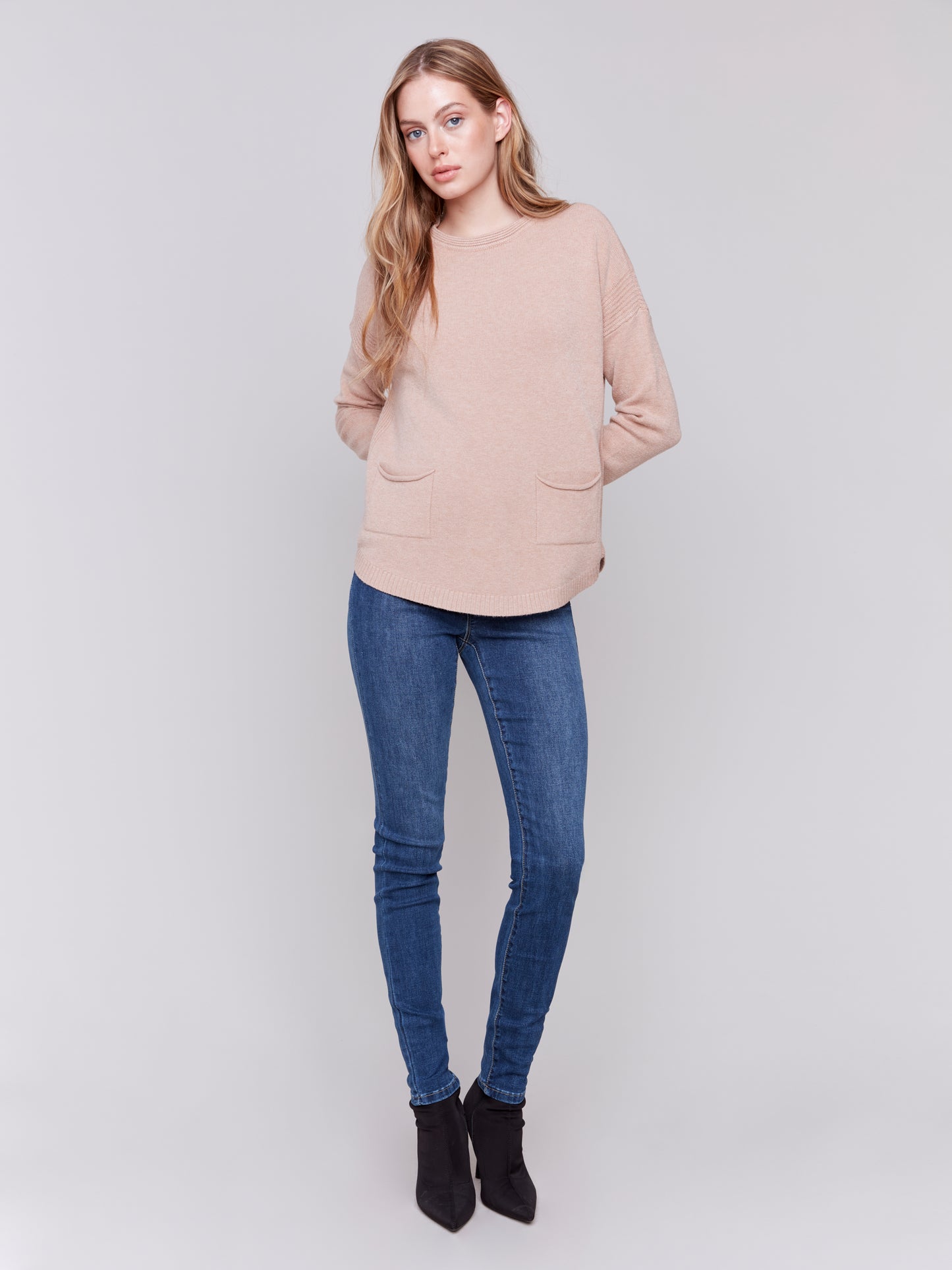 Charlie B Fall 2024-C2420RR-511-Sweater W/Removable Scarf-Truffle - The Coach Pyramids