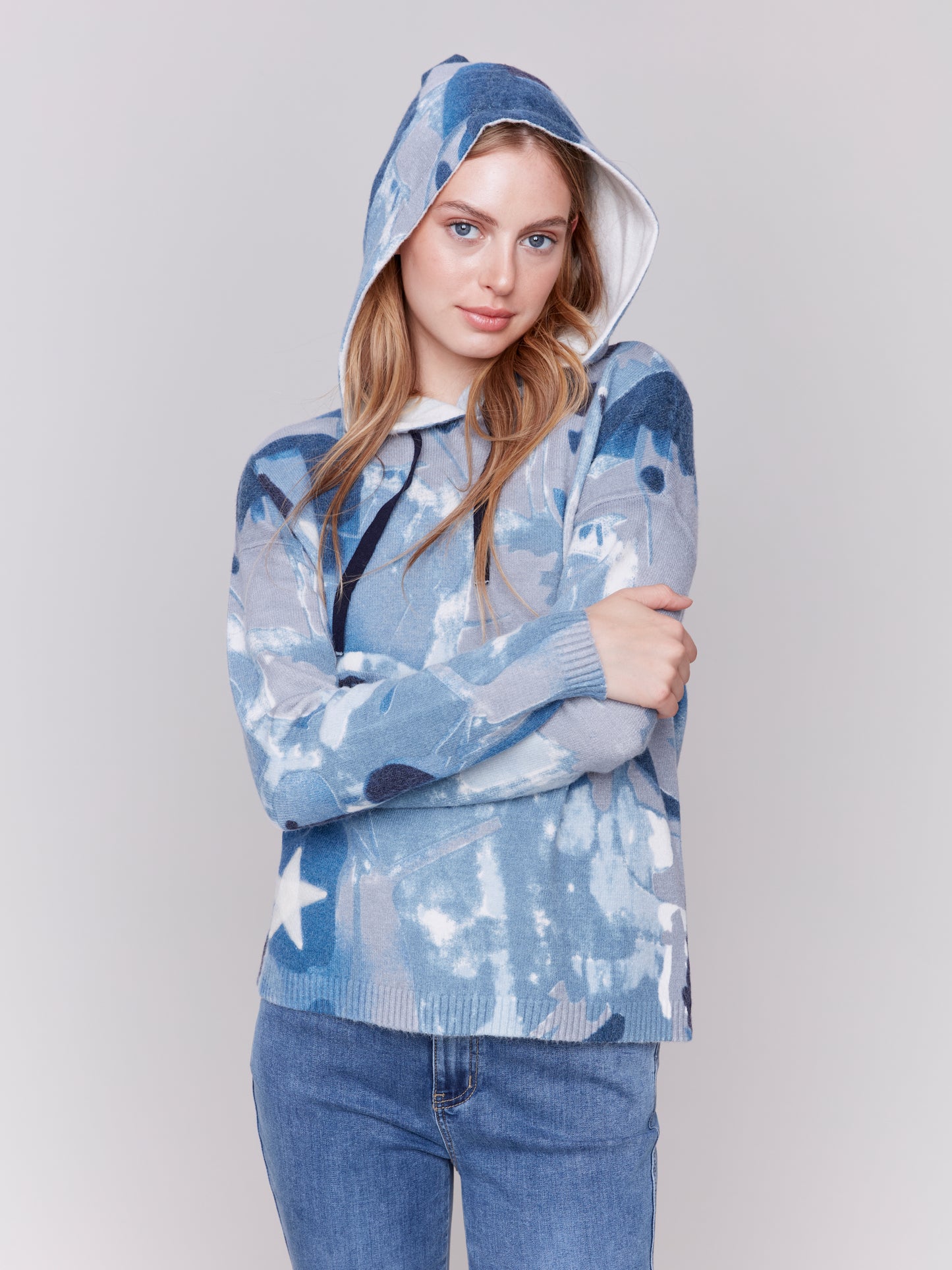 Charlie B Fall 2024-C2436X-P117-Printed Hooded Sweater-Navy - The Coach Pyramids
