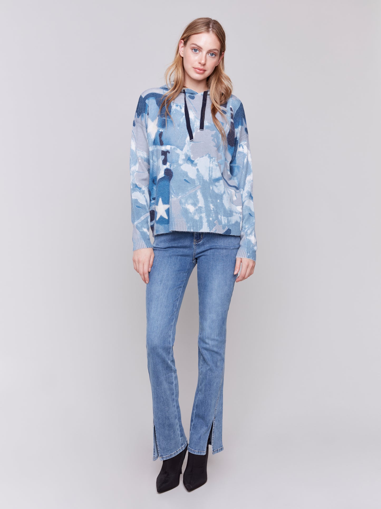 Charlie B Fall 2024-C2436X-P117-Printed Hooded Sweater-Navy - The Coach Pyramids