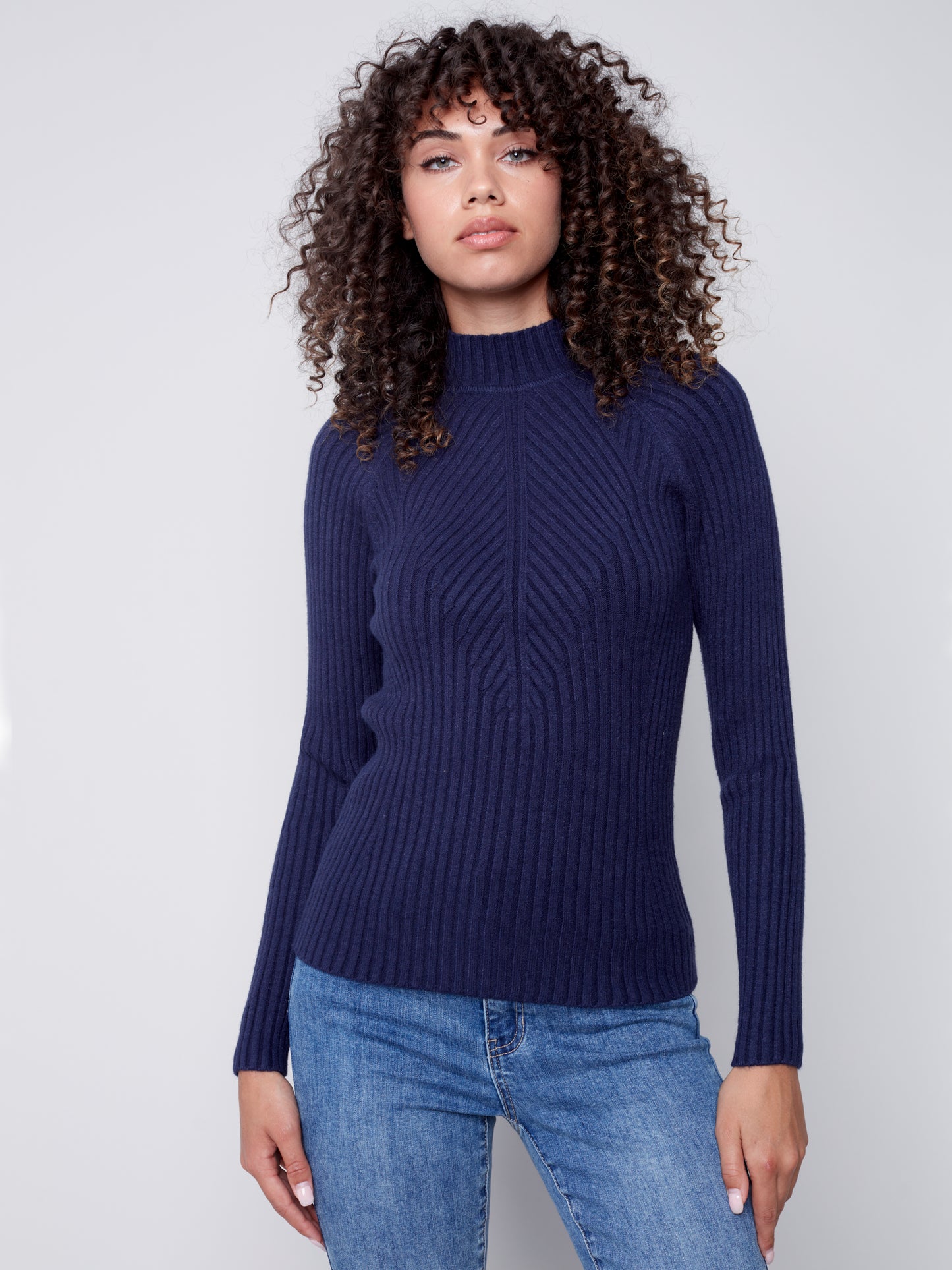 Charlie B Fall 2023-C2553-736A-Mock NK  Sweater -Navy - The Coach Pyramids