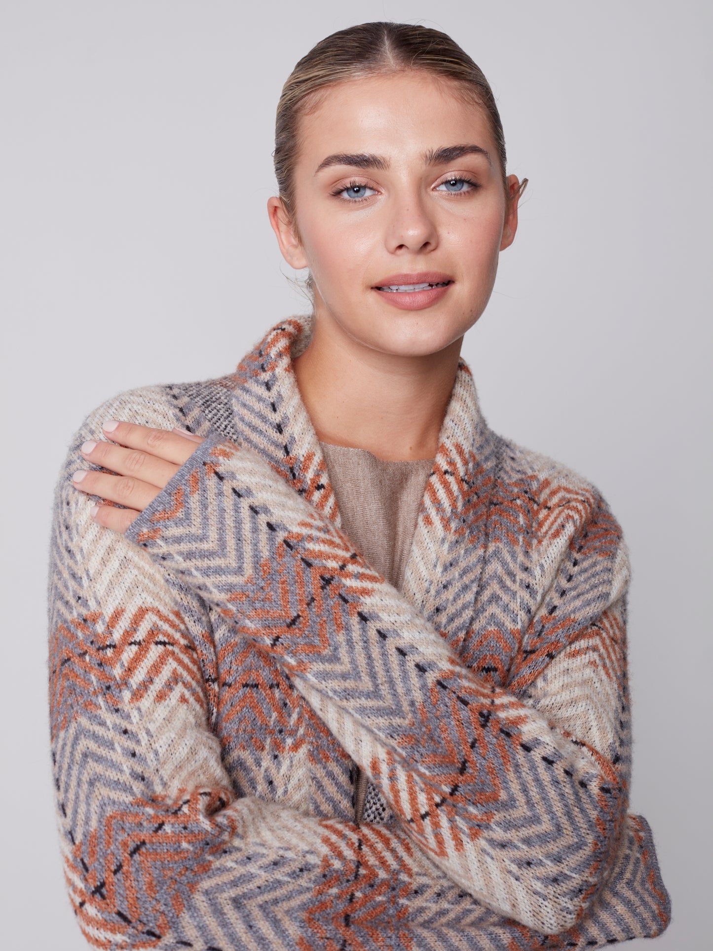 Charlie B Fall 2023-C2555-643B-Plaid Cardigan -Truffle - The Coach Pyramids