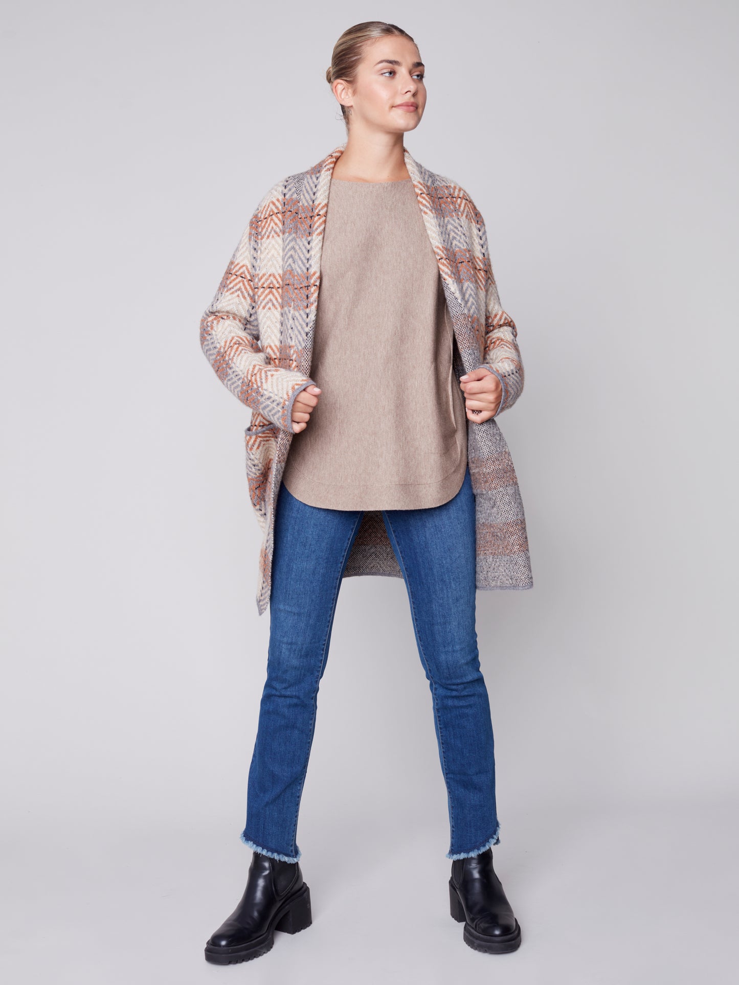 Charlie B Fall 2023-C2555-643B-Plaid Cardigan -Truffle - The Coach Pyramids