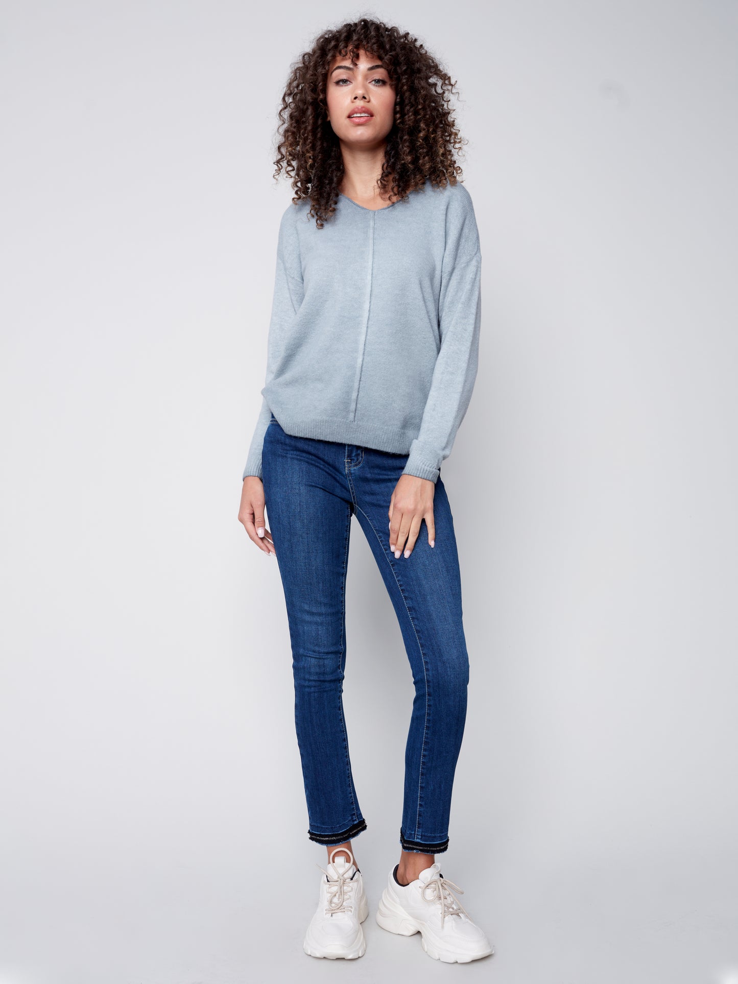 Charlie B Fall 2023-C2558-650B-V Neck Sweater -H- Grey - The Coach Pyramids