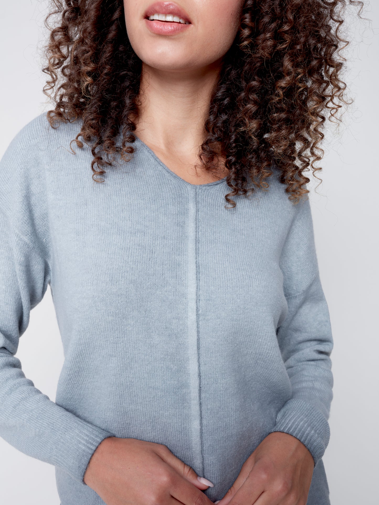 Charlie B Fall 2023-C2558-650B-V Neck Sweater -H- Grey - The Coach Pyramids